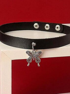 Black Leather Choker Necklace with Silver Butterfly Boho Cowgirl Chic